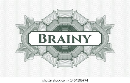 Green passport style rosette with text Brainy inside