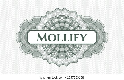 Green passport style rosette with text Mollify inside