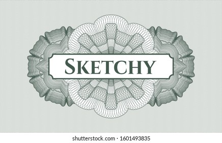Green passport style rosette with text Sketchy inside