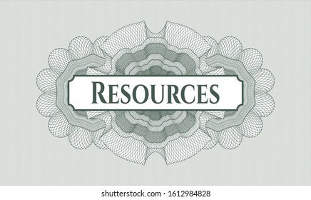 Green passport style rosette with text Resources inside