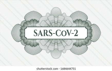 Green passport style rosette with text SARS-CoV-2 inside