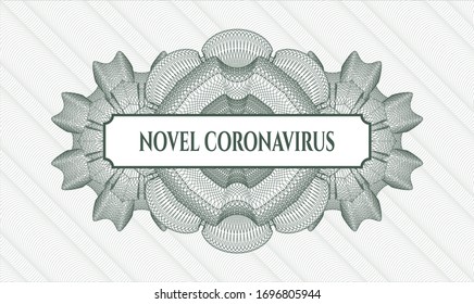 Green passport style rosette with text Novel Coronavirus inside