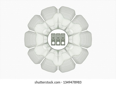 Green passport style rosette with three folders icon inside