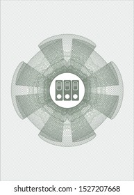 Green passport style rosette with three folders icon inside