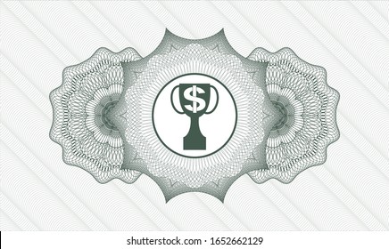Rosette estilo pasaporte verde con trofeo con símbolo de dinero dentro de un icono
