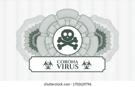 Rosette estilo pasaporte verde. Ilustración vectorial. Detallado con icono de cruce y texto Coronavirus dentro