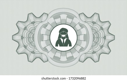 Green passport style rosette. Vector Illustration. Detailed with woman wearing face mask icon inside