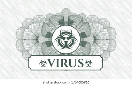 Rosette estilo pasaporte verde. Ilustración vectorial. Detallado con código de riesgo biológico de 19 iconos y texto de virus dentro