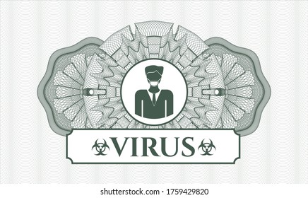Green passport style rosette. Vector Illustration. Detailed with man wearing face mask icon and Virus text inside