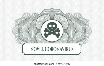 Green passport style rosette. Vector Illustration. Detailed with crossbones icon and Novel Coronavirus text inside