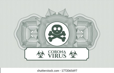 Green passport style rosette. Vector Illustration. Detailed with crossbones icon and Coronavirus text inside