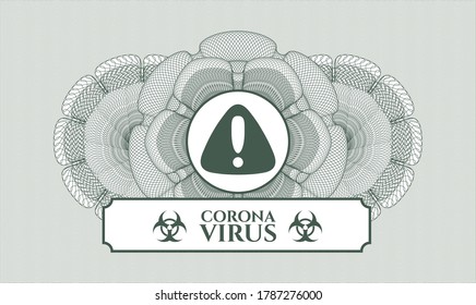 Rosette estilo pasaporte verde. Ilustración vectorial. Detallado con el icono de advertencia y el texto de Coronavirus dentro