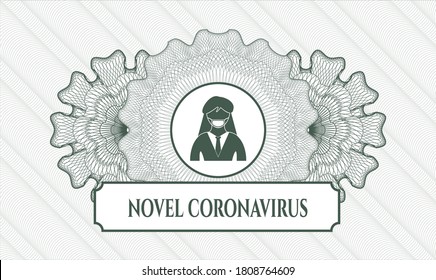 Green passport style rosette. Vector Illustration. Detailed with woman wearing face mask icon and Novel Coronavirus text inside