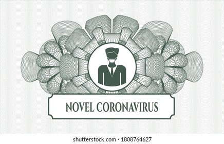 Rosette estilo pasaporte verde. Ilustración vectorial. Detallado con un hombre con un icono de máscara facial y un texto de Novel Coronavirus dentro