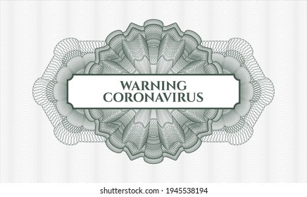 Rosette im grünen Reisepass. Vektorgrafik. Detaillierte Beschreibung mit Textwarnung Coronavirus im Inneren