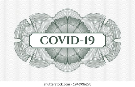 Green passport style rosette. Vector Illustration. Detailed with text COVID-19 inside