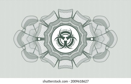 Rosette im grünen Reisepass. Vektorgrafik. Detaillierte Angaben mit dem Covid-19-Symbol für Biogefährdung