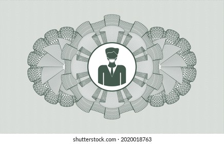 Rosette im grünen Reisepass. Vektorgrafik. Detaillierte Angaben mit einem Mann mit einer Gesichtsmaske-Ikone im Inneren