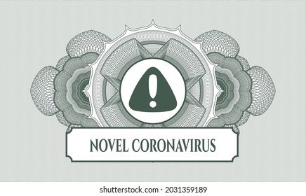 Green passport style rosette. Vector Illustration. Detailed with warning icon and Novel Coronavirus text inside