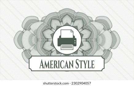 Green passport style rosette. Vector Illustration. Detailed with printer icon and American Style text inside