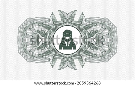 Green passport style rosette. Vector Illustration. Detailed with woman wearing face mask icon inside