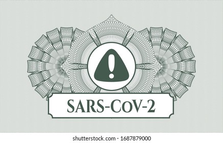 Rosette estilo pasaporte verde con icono de advertencia y texto SARS-CoV-2 dentro
