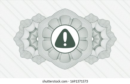 Green passport style rosette with warning icon inside