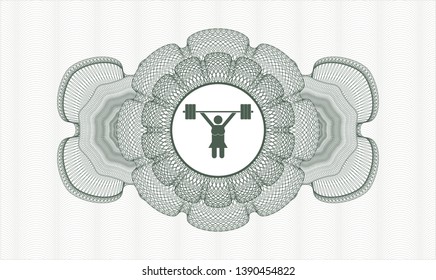 Green passport style rosette with weightlifter girl icon inside