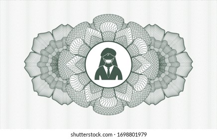Green passport style rosette with woman wearing face mask icon inside