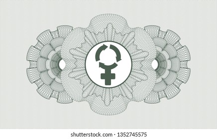 Green passport style rosette with women cycle icon inside