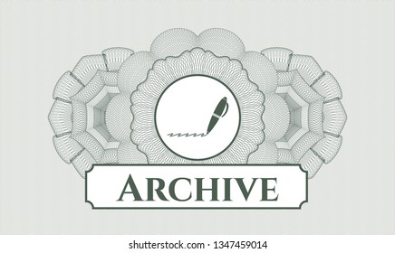 Green passport style rosette with writer icon and Archive text inside