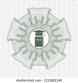 Green passport style rossete with Phd thesis icon inside