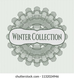 Green passport style rossete with text Winter Collection inside