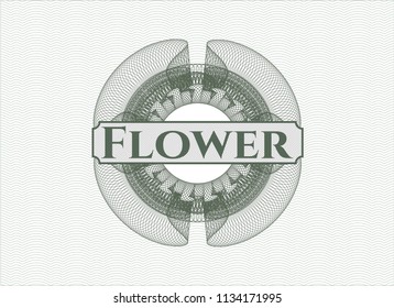 Green passport style rossete with text Flower inside