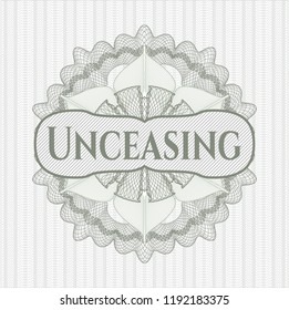 Green passport style rossete with text Unceasing inside