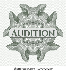 Green passport style rossete with text Audition inside