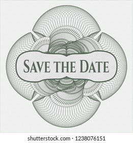 Green passport style rossete with text Save the Date inside