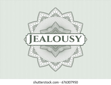 Green passport style rossete with text Jealousy inside