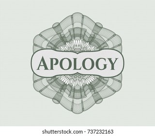 Green passport style rossete with text Apology inside