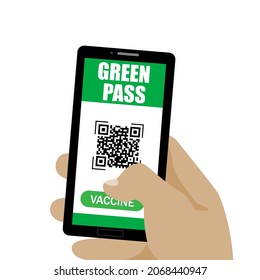 Green Pass.Vaccine passport.Coronavirus Immune passport template icon. Hand holding smartphone with QR code and digital Green Pass.Vector isolated.