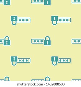 Green Password protection and safety access icon isolated seamless pattern on yellow background. Lock icon. Security, safety, protection, privacy concept. Vector Illustration