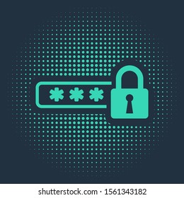 Green Password protection and safety access icon isolated on blue background. Lock icon. Security, safety, protection, privacy concept. Abstract circle random dots. Vector Illustration