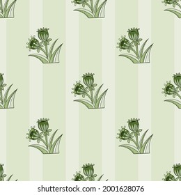 Green pastel colors seamless pattern with hand drawn bluebell ornament. Striped background. Graphic design for wrapping paper and fabric textures. Vector Illustration.