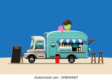 Green pastel of  food truck side view with ice cream menu and wooden chair, model ice cream cone on top of car, vector illustration