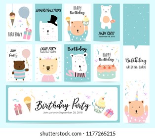 Green pastel greeting card with bear,cat,gift box,balloon,ice cream and cake