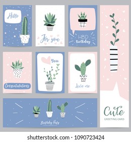 green pastel greeting card with cactus and leaf