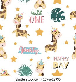 Green pastel seamless pattern with  giraffe smiling,horn,star. Wording are wild one,party and happy day