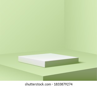 Green pastel square podium for product. 3d pedestal in spotlight vector illustration. Geometric stage on floor in room. Abstract realistic place for advertising or decoration.