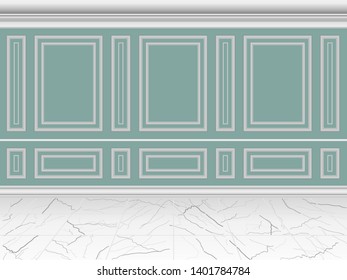 Green pastel wall decorated with moulding. Interior classic wall decor vector background.