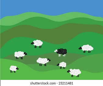 Green pasture with a flock of all white sheep and one black sheep among them.
